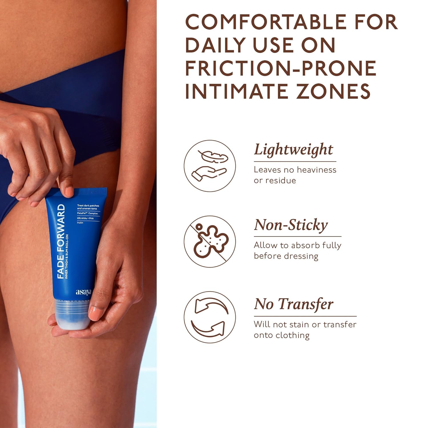 Asaya Fade Forward Inner Thigh & Bum AHA Roll-On | Pigmentation Removal Serum For Dark Inner Thighs & Buttocks | For Women & Men | Non-Sticky & Soothing | MelaMeâ„¢ Complex, 10% AHAs & PHA, Inulin | 70ml