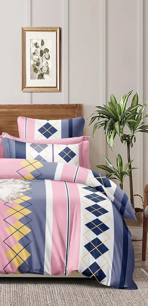 The Home Style Cotton Feel Glace Cotton Printed Double Bed Bedsheet With 2 Pillow Cover 300 TC Pink Check
