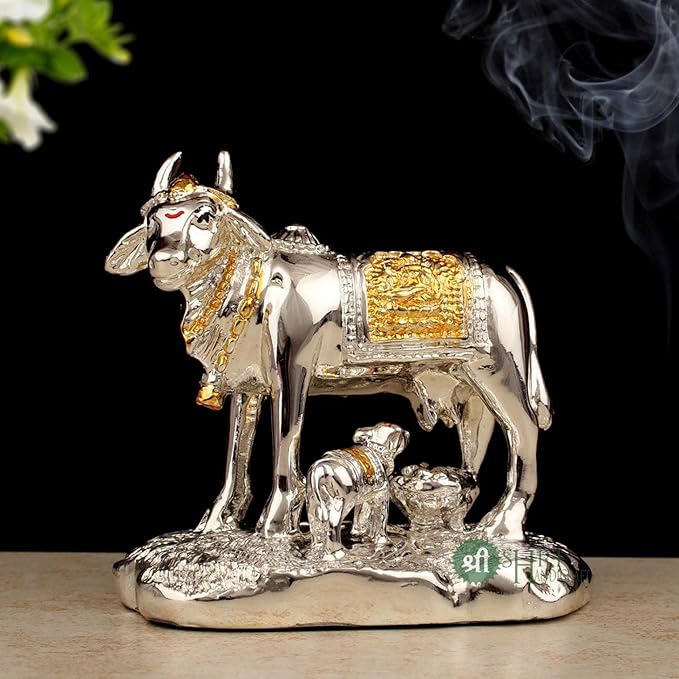 Indicast Resin Gold & Silver Plated Cow Idol With Calf Murti for Office Table and Home Decor & Gifts