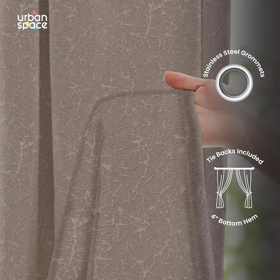 Urban Space Blackout Curtains for Door 7 Feet Long Set of 2, Embossed Abstract Design Light Blocking Curtain for Living Room, Curtains Earth Crust Soft Brown