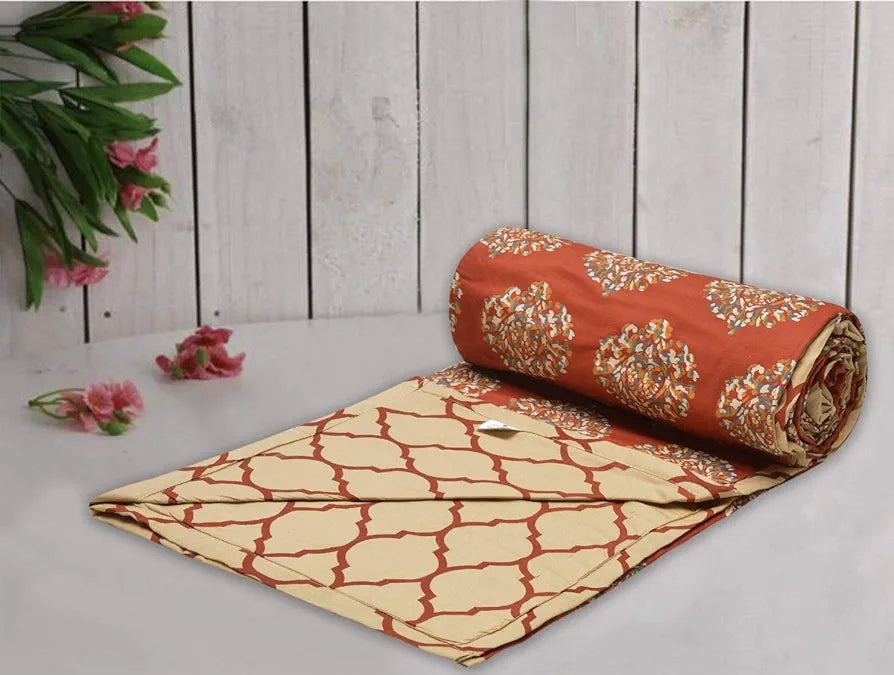 Trance Home Linen 150 GSM Pure Cotton Reversible Dohar Double Bed Size AC Blanket Comforter Soft Light-Weight Bed Blanket Colour Damask Cley Red