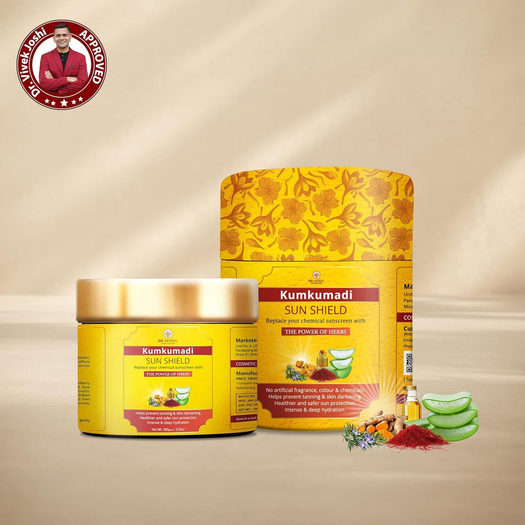 Kumkumadi Sunscreen 50gm, Ayurvedic Sun Shield with Saffron, Aloe Vera & Licorice, Sun Protection Without White Cast, Non Greasy, No Chemicals or Fragrance