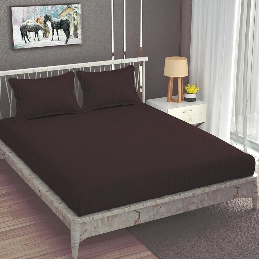 Homefab India 160 TC Stripe Cotton Feel Glace Cotton Elastic Fitted King Size Double Bed Bedsheet with 2 Pillow Covers Fits Upto 6 inches Mattress Brown
