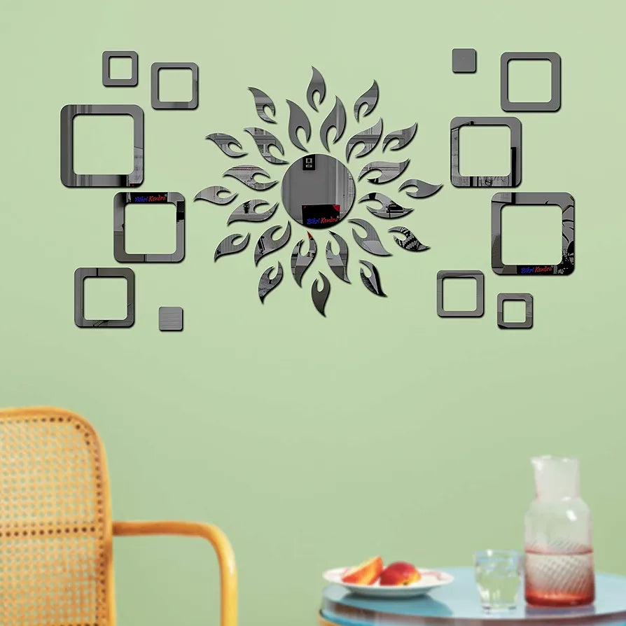 Bikri Kendra Art BK76, Sun with Square 2 Set - 3D Acrylic Wall Mount Mirror Stickers Black