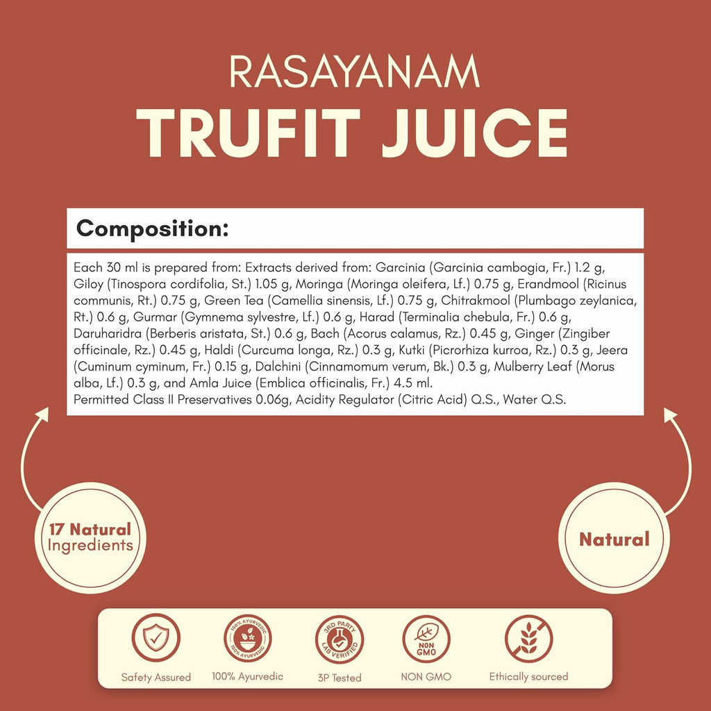 Rasayanam TruFit Juice 750 ml | 17 Herbs for Weight Management & Digestion | Kwath Method | No Sugar | Garcinia, Green Tea, Amla & Moringa | 100% Natural & Safe