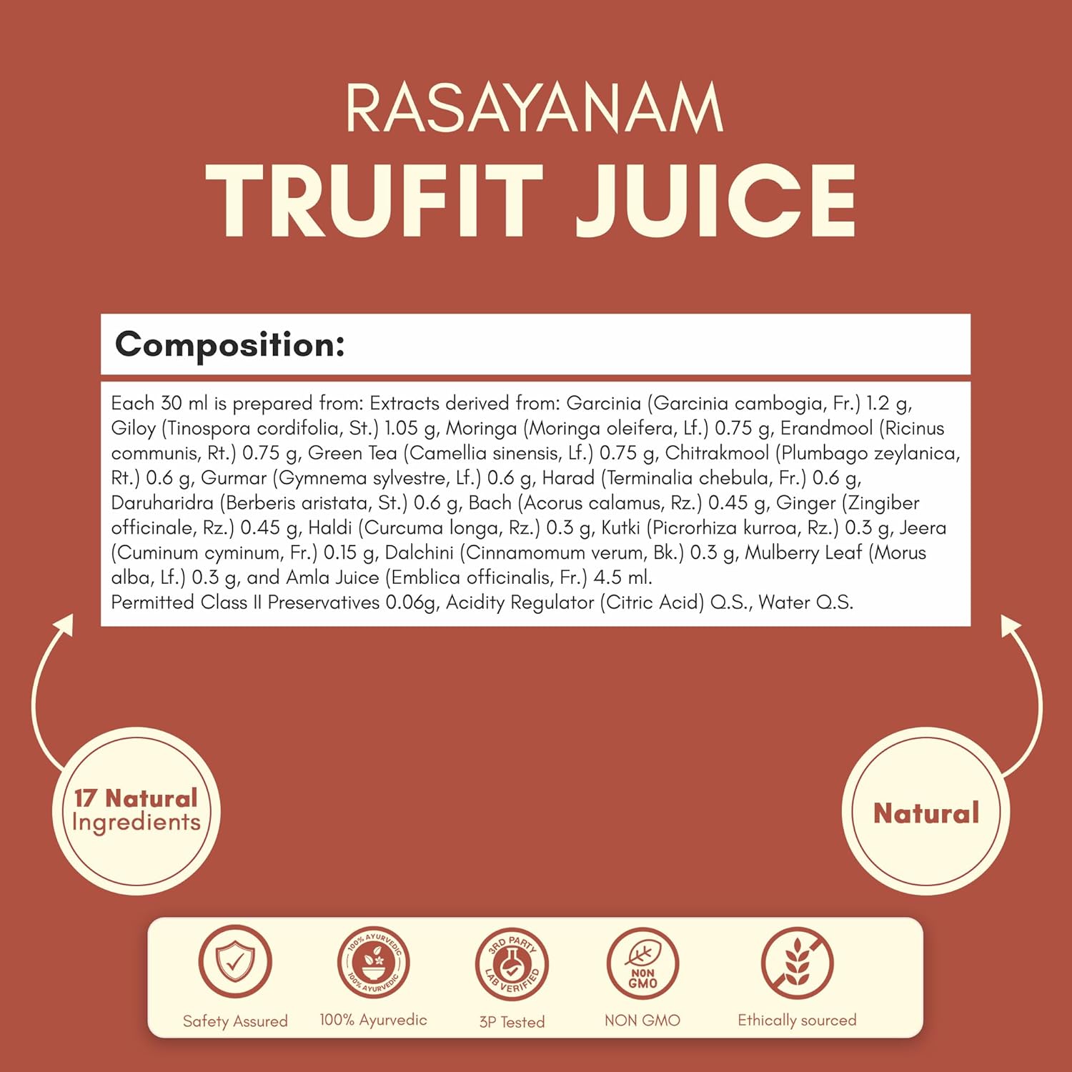 Rasayanam TruFit Juice 750 ml | 17 Herbs for Weight Management & Digestion | Kwath Method | No Sugar | Garcinia, Green Tea, Amla & Moringa | 100% Natural & Safe
