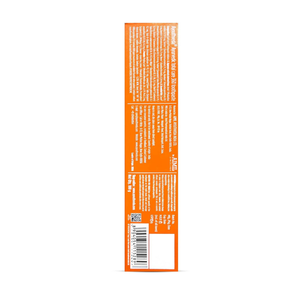 Ayouthveda Total Care 360 Toothpaste | Turmeric & Eucalyptus Oil Toothpaste for Cavity Prevention, Enamel Protection, Gum Strengthening & Long-Lasting Fresh Breath | Natural Anti-Bacterial Oral Care Formula | 100g (Pack of 1)