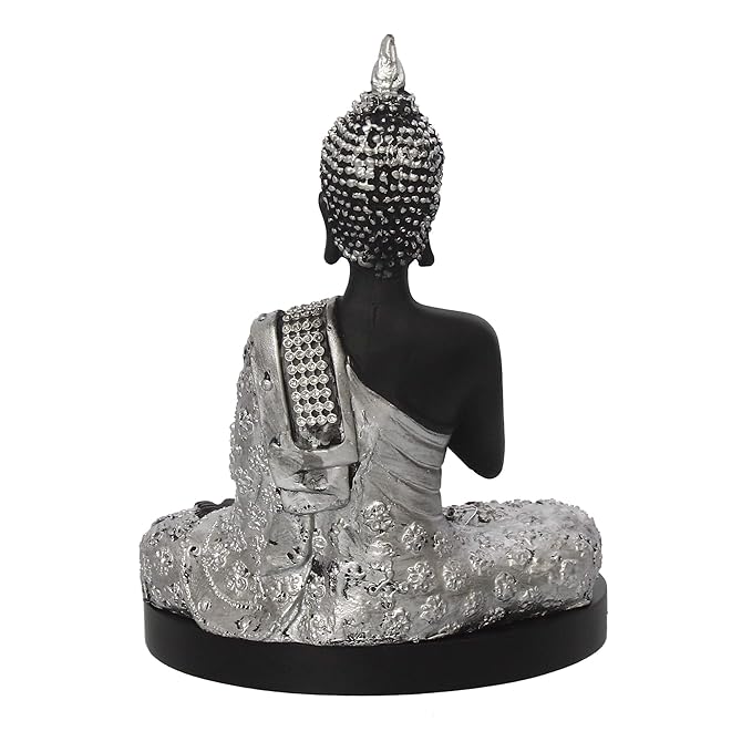 Ecraftindia Black & Silver Polyresin Meditating Blessing Lord Buddha Statue With Wooden Base | Tealight Candle Holder for Home