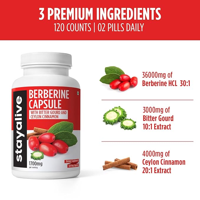 StayAlive Berberine HCL Capsule 43000mg 30:1 Super Extract w Ceylon Cinnamon - 120 caps