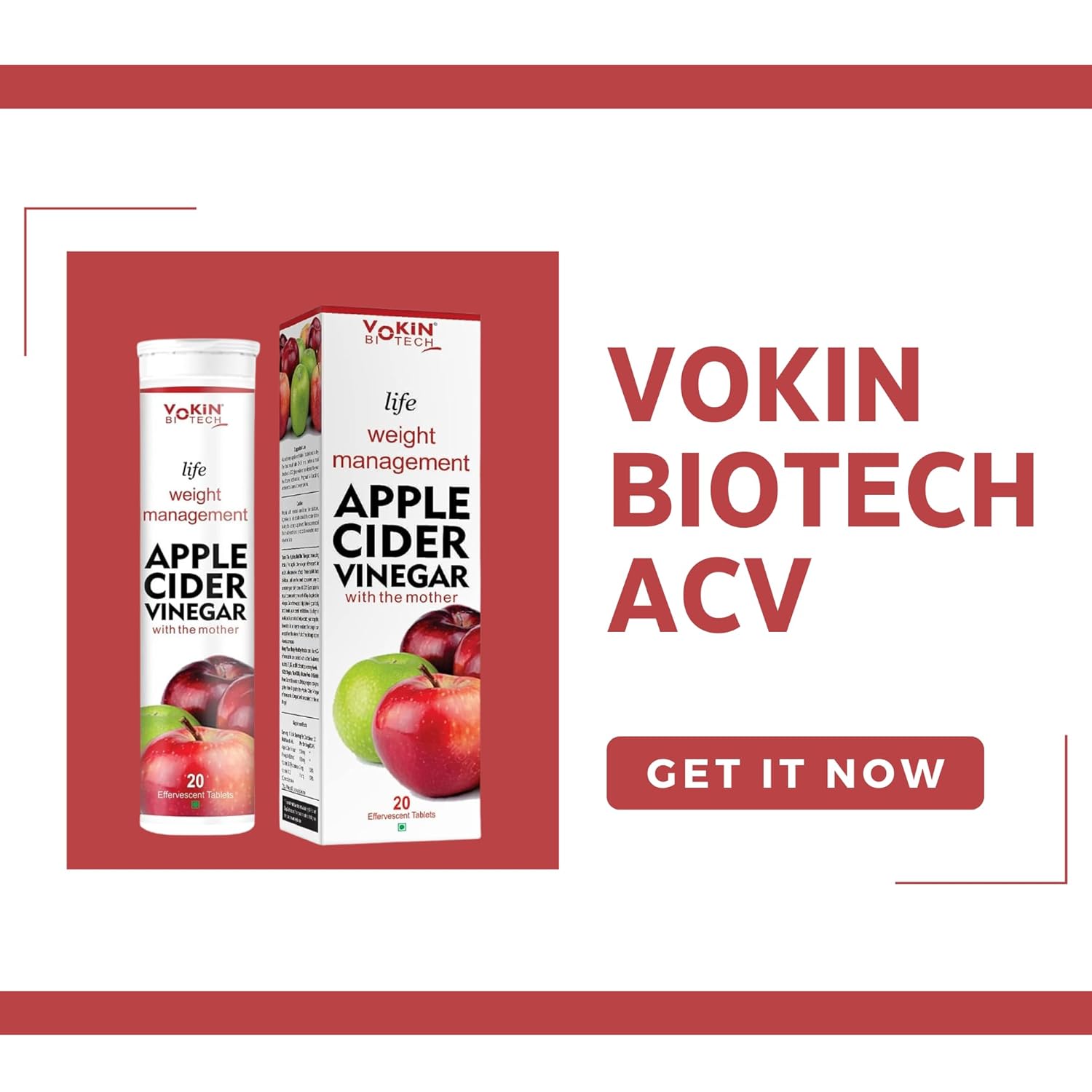 Vokin Biotech World's First Apple Cider Vinegar -20 Effervescent Tablets Vitamin C for Detox & Weight Management with Green Apple Flavor (Pack of 1)