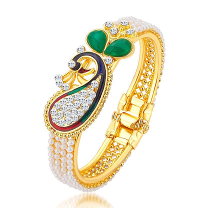 Gold-Polished Alloy Pearl Studded Peacock Enamel Bangle - The Pari