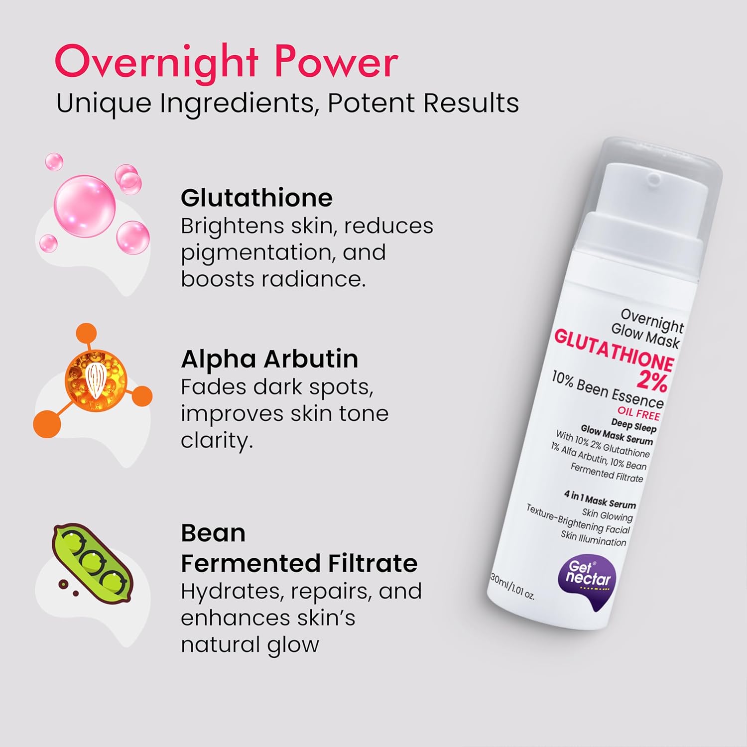 Get Nectar Happiness Overnight Glow Mask 2% Glutathione Cream (Oil Free) with 10% Been Fermented Filtrate Essence for Skin Glowing Texture-Brightening facial, Skin Illumination (30ml)