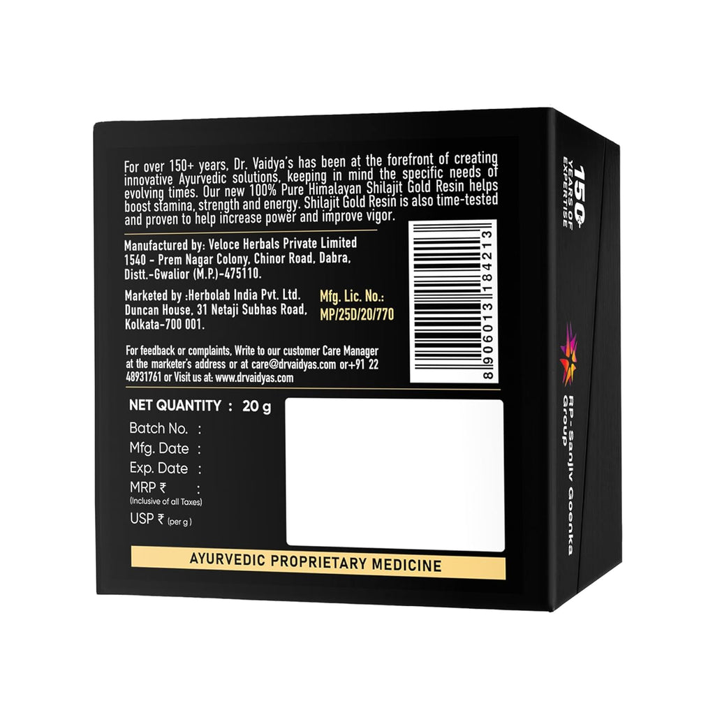 Dr Vaidyaâ€™s Shilajit Gold Resin | Helps Boost Stamina, Strength, & Power | Shuddha Shilajit, Swarna (Gold) Bhasma, Kesar, Methi | GMP Certified| (20 grams)