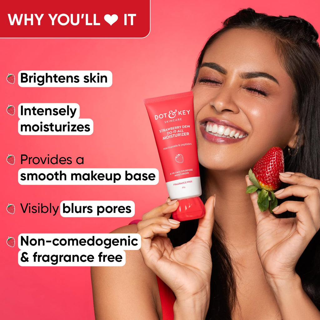 Dot & Key Strawberry Dew Do-It-All Moisturizer | Intense Moisturization | Lightweight & Non Sticky | Boosts Radiance | Daily Makeup Remover | Corrects Dark Spots | 80g