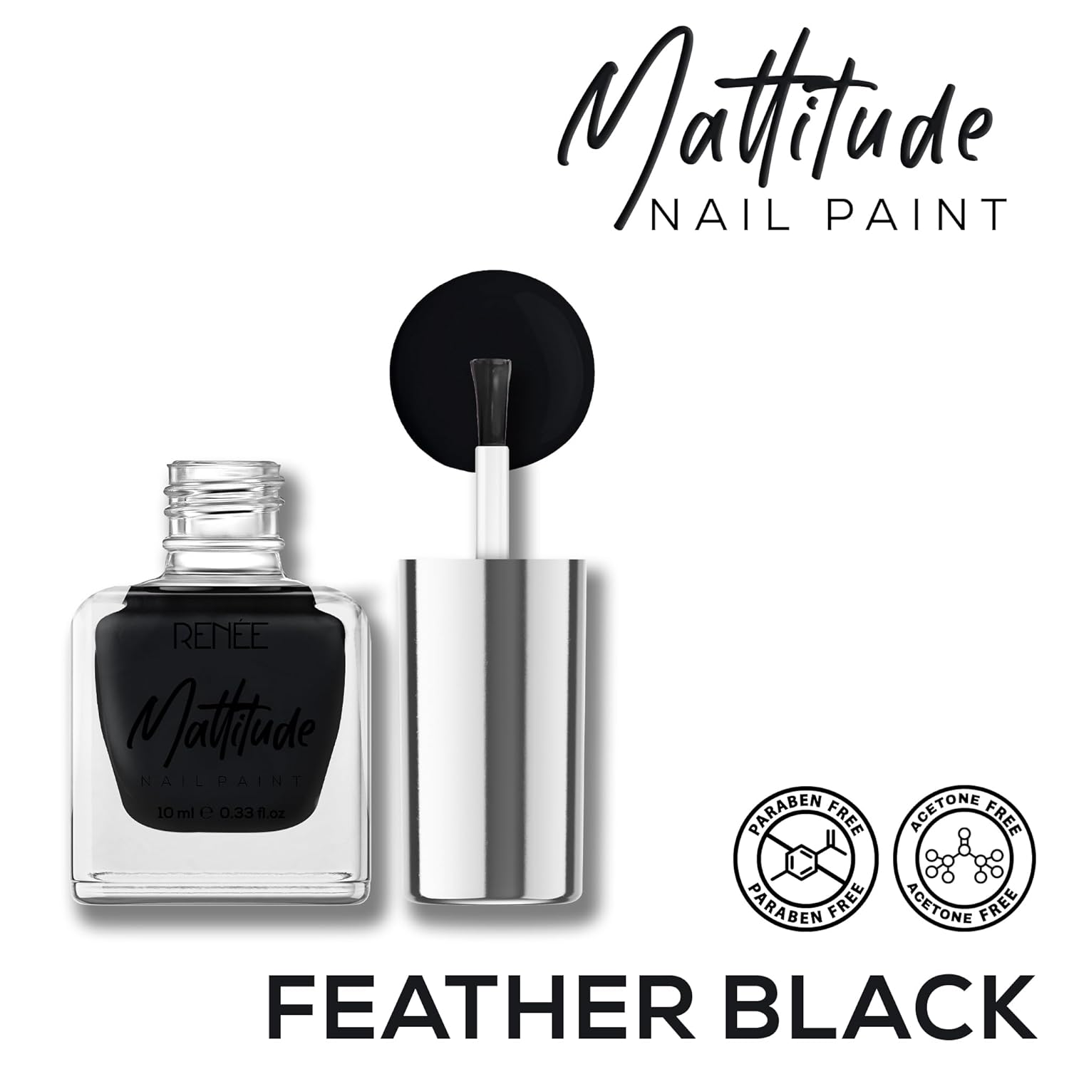 RENEE Mattitude Nail Paint- Feather Black 10ml | Quick Drying, Matte Finish, Long Lasting, Chip resisting Formula with High coverage | Acetone & Paraben Free