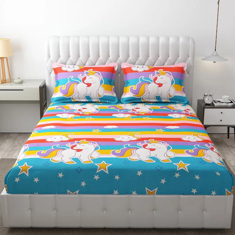 Fresh From Loom Cartoon 300 TC Wrinkle Free Glace Cotton Elastic Fitted Bedsheet for Kids with Two Pillow Cover Queen Unicorn Multicolor