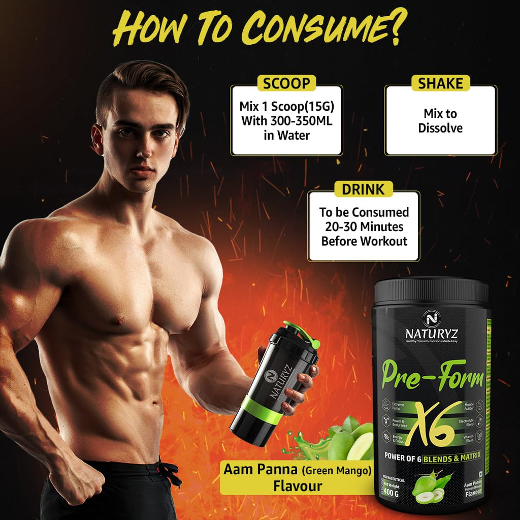 Naturyz Pre - Form X6 Pre Workout Supplement With Highest 19 Nutrients For Extreme Pump,Powder,Endurance,Energy,Focus,Muscle Builder,Vitamins & Electrolytes- 400 grams (Aam Panna Flavour)