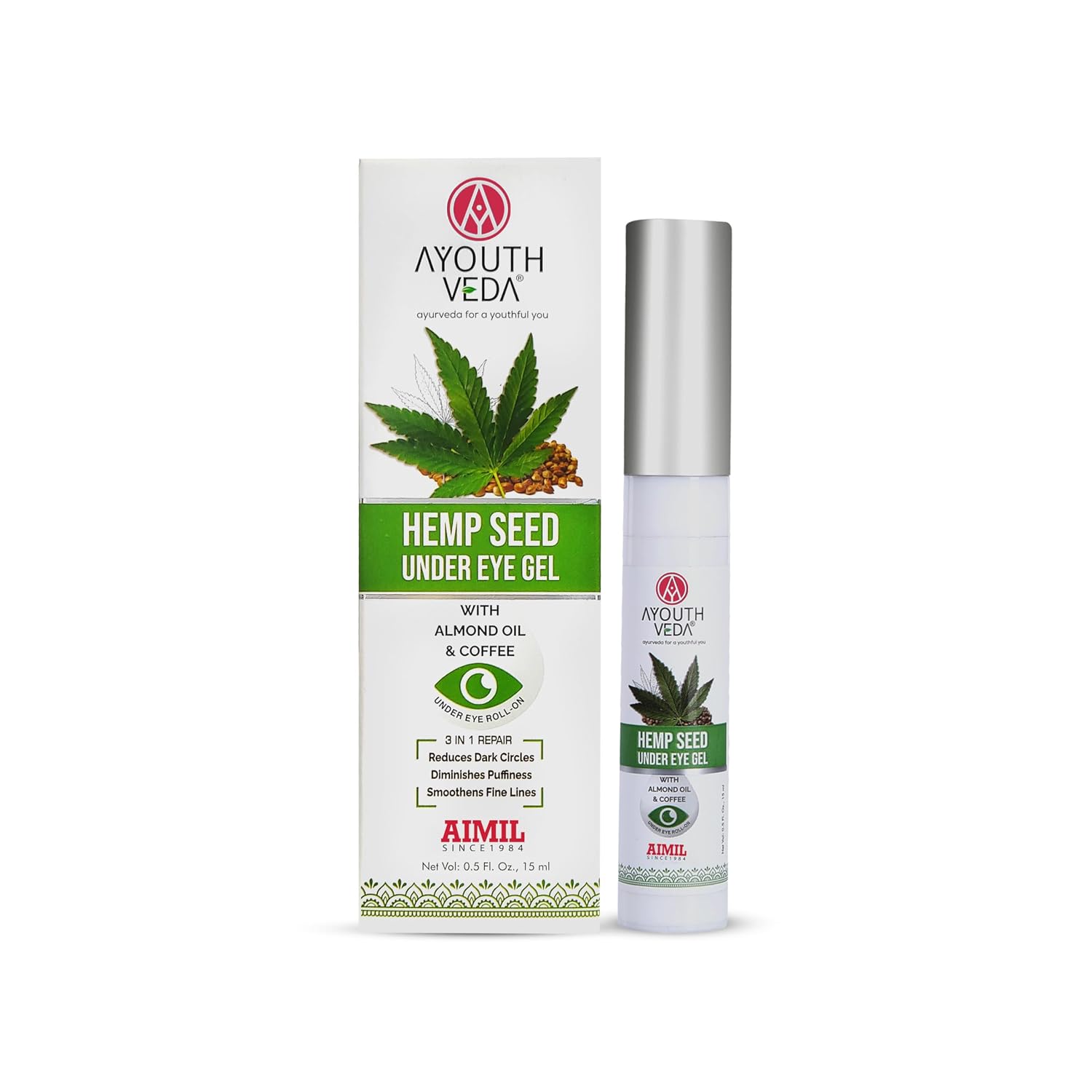 Ayouthveda Hemp Seed Under Eye Gel with Cooling Massage Roller|For Puffy Eyes, Dark Circles, Wrinkles & Fine Lines|With Hemp Seed Oil, Almond oil & Coffee| (Pack of 1;15ml)