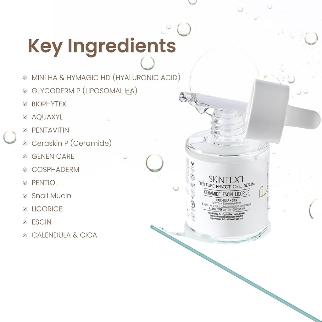 Personal Touch Skintext Texture Reboot C.E.L Serum | Skin Barrier Repair Serum for Strengthening & Volume Restoration | Ceramide, Escin & Licorice | Hydrating & Smoothing Face Serum | 30 ml