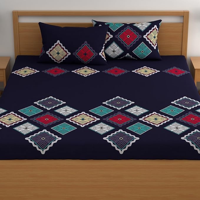 Dreamlet Prime Collections 160tc Pure Cotton Breathable Supersoft Wrinkelfree Double Flat Bedsheet With 2 Pillow Covers | Navy Blue