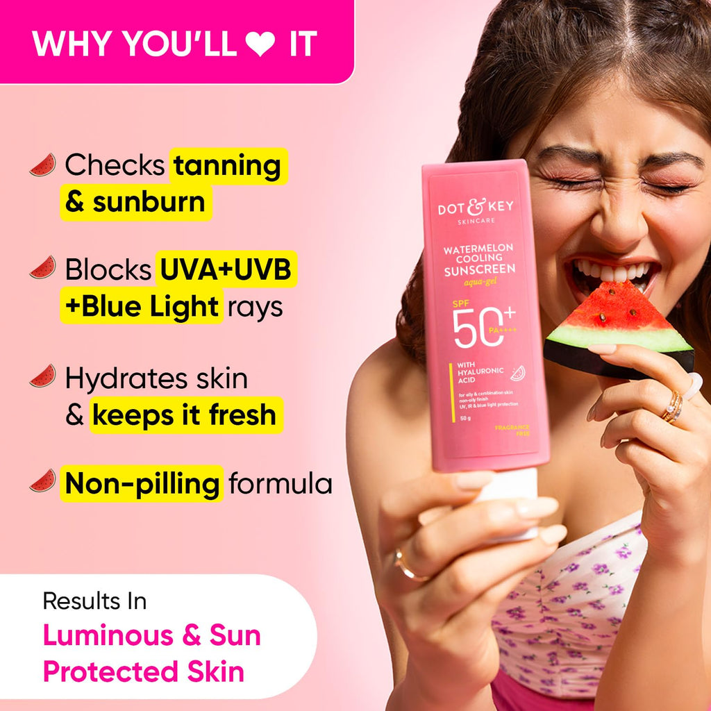 Dot & Key Watermelon Hyaluronic Sunscreen SPF 50 PA+++| for Oily, Normal & Combination Skin | UV + Blue Light Protection | Lightweight | No White Cast | Boosts Vitamin D Absorption | 50gâ€¦