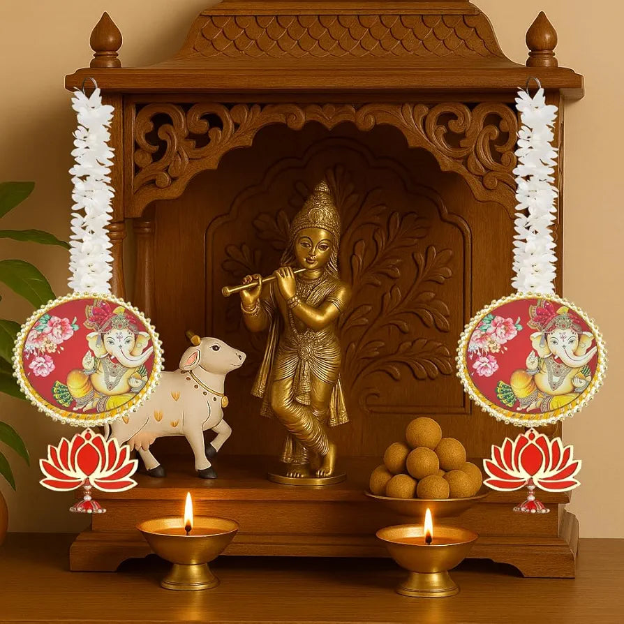 Handmade Artificial Ganesh Ji Decorative Hanging with Lotus & Garland Set of 6