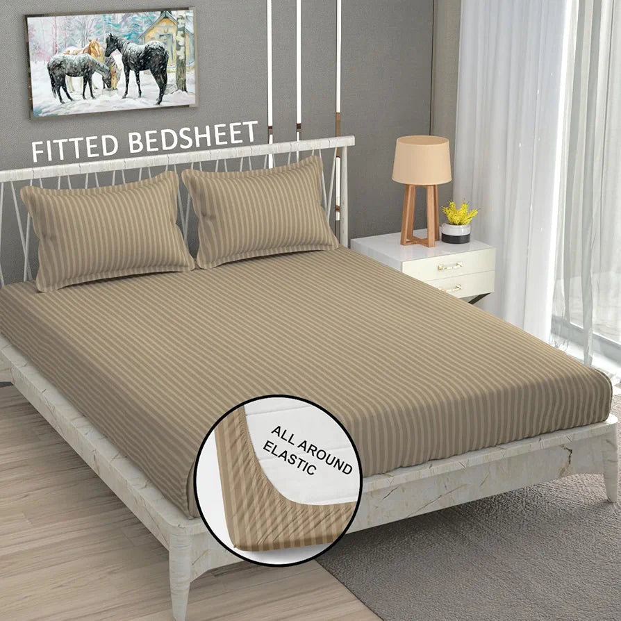 Homefab India 160 TC Stripe Cotton Feel Glace Cotton Elastic Fitted King Size Double Bed Bedsheet with 2 Pillow Covers Fits Upto 6 inches Mattress Beige