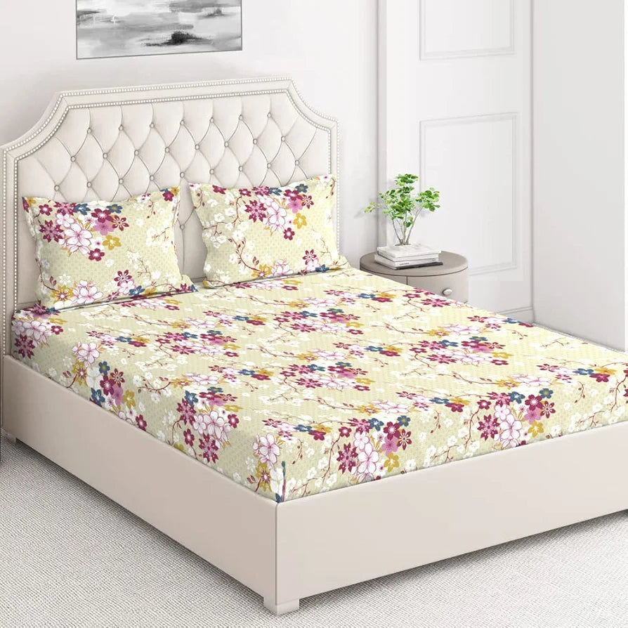 Layers Marigold Cotton Bedsheet Set for All Seasons Lightweight 144 TC King Size Ivory