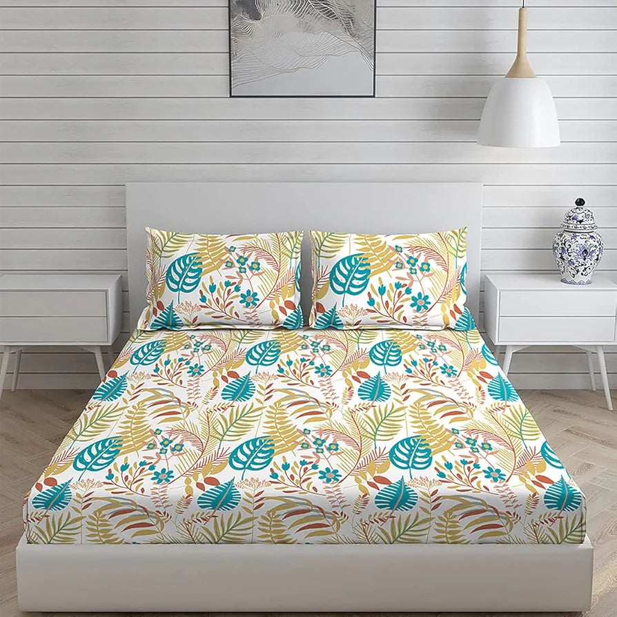 Layers 225 TC Toughened Cotton Bedsheet for Double Bed with 2 Pillow Covers Bed Sheet Double Yellow-Blue