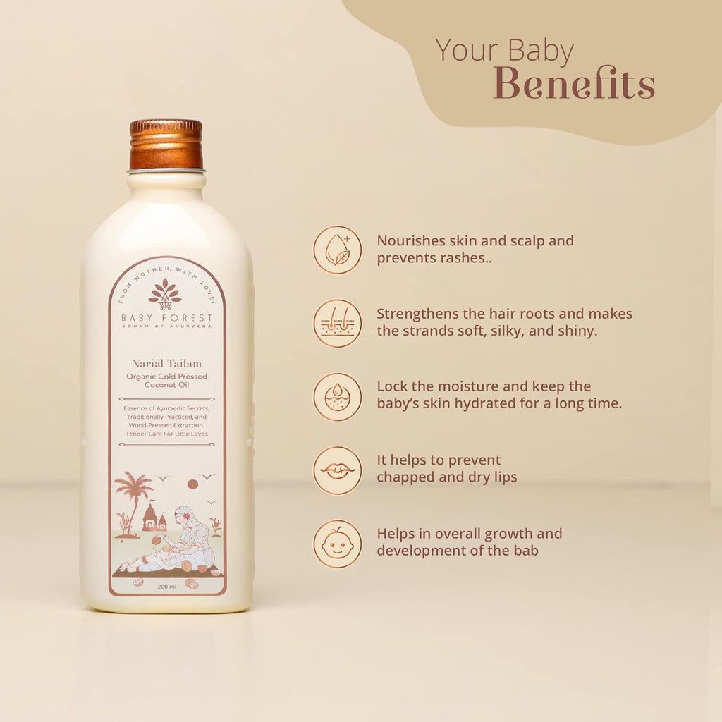 Baby Forest Narial Tailam Organic Cold Pressed Coconut Oil for Baby Skin & Hair Care | 100% Natural & Ayurvedic | Derma Safe & Cruelty-Free | Coconut Oil for Newborn Massage | 200ml