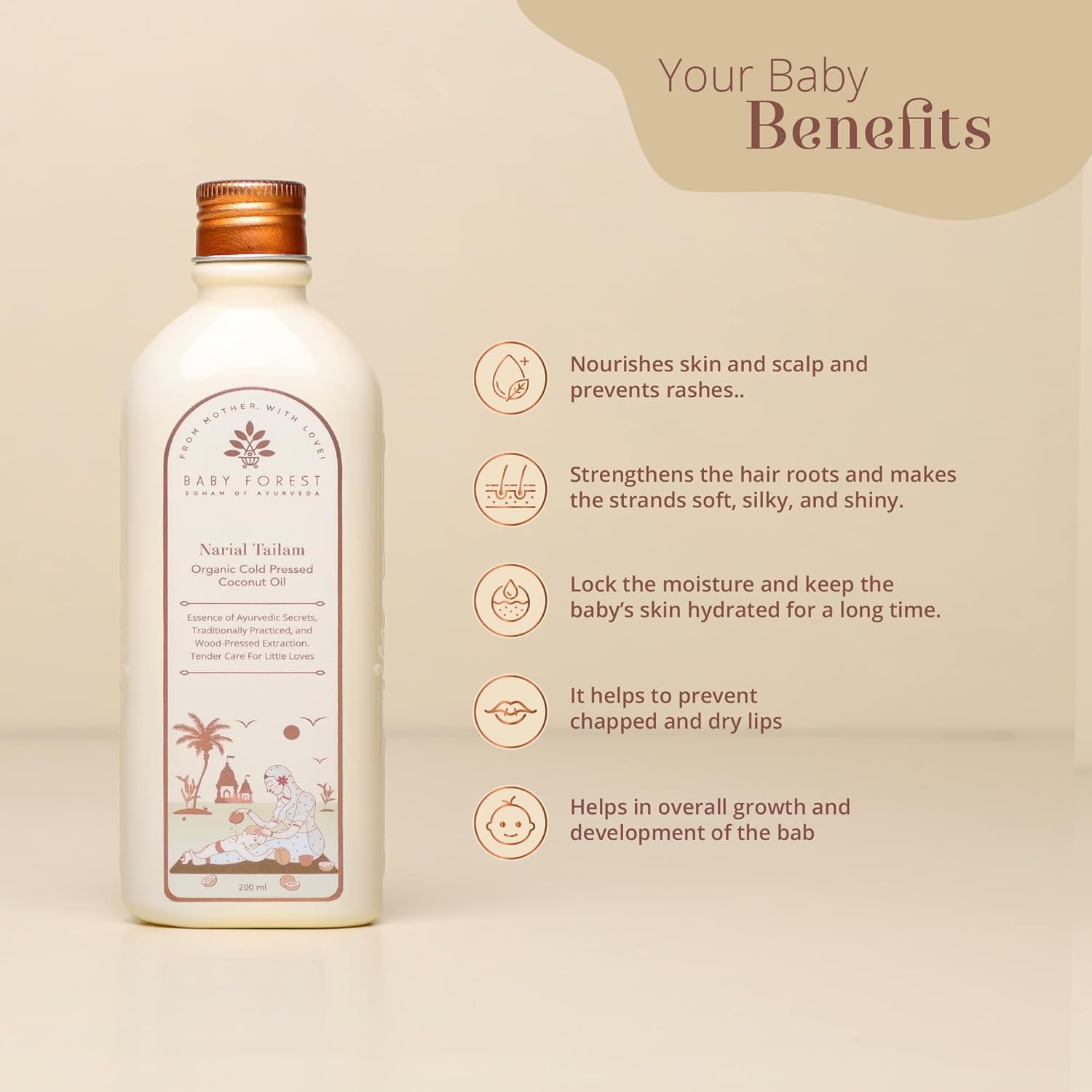 Baby Forest Narial Tailam Organic Cold Pressed Coconut Oil for Baby Skin & Hair Care | 100% Natural & Ayurvedic | Derma Safe & Cruelty-Free | Coconut Oil for Newborn Massage | 200ml