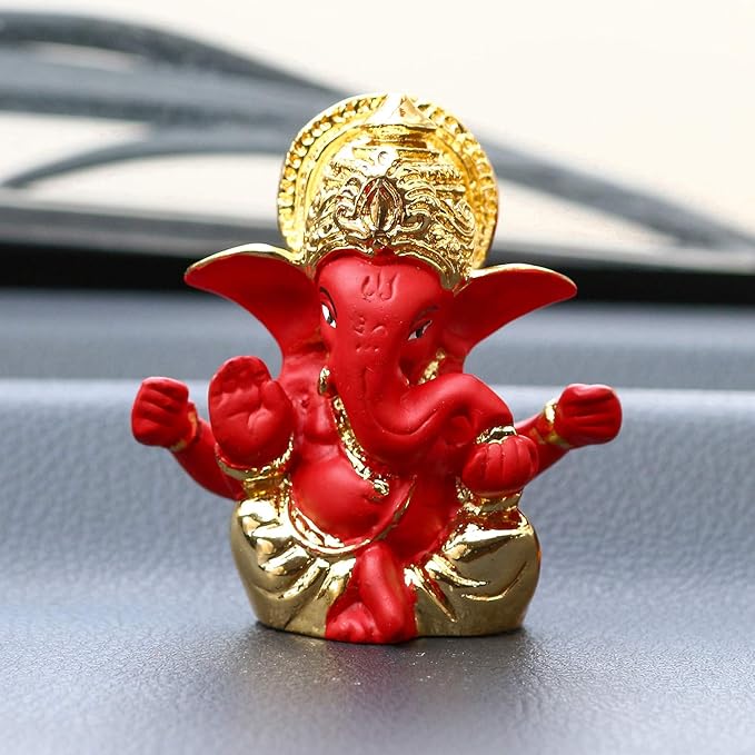 Ecraftindia Gold Plated Red Mukut Ganesha Decorative Showpiece