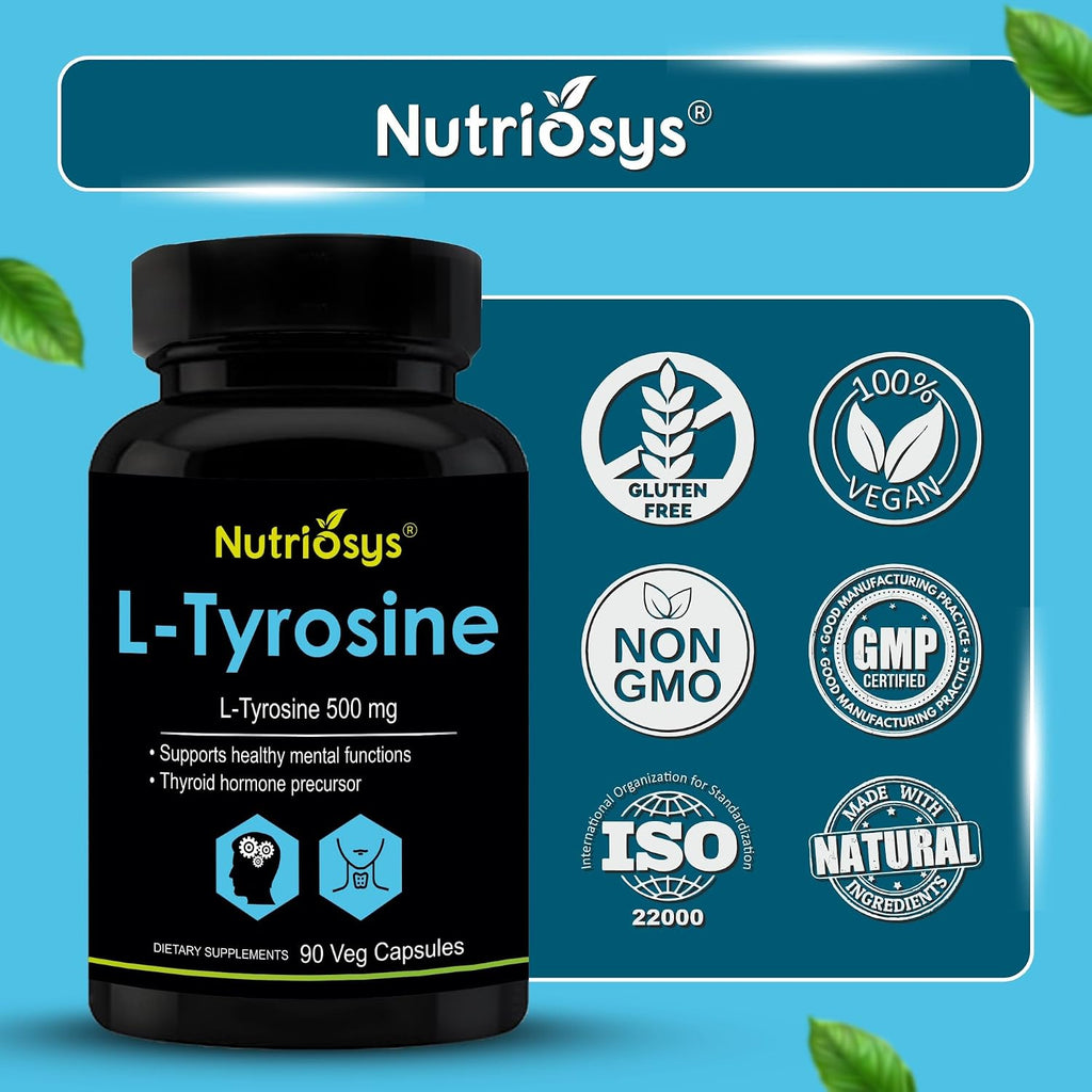 Nutriosys L-Tyrosine 500mg Supports Cognitive Health & Brain Function, Essential For Thyroid Functions - 90 Veg Capsules