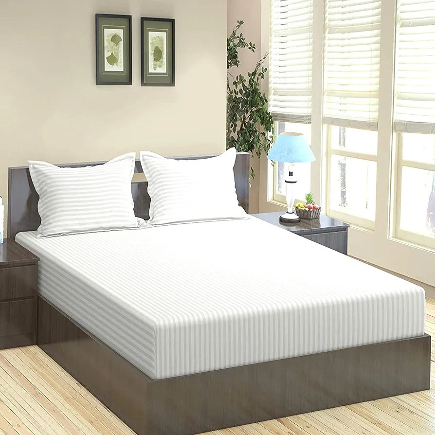 Trance Home Linen 100% Cotton 400 TC Satin Striped Elasticated Fitted Bedsheet with 2 Pillow Covers King 78x72 inch Colour White Striped