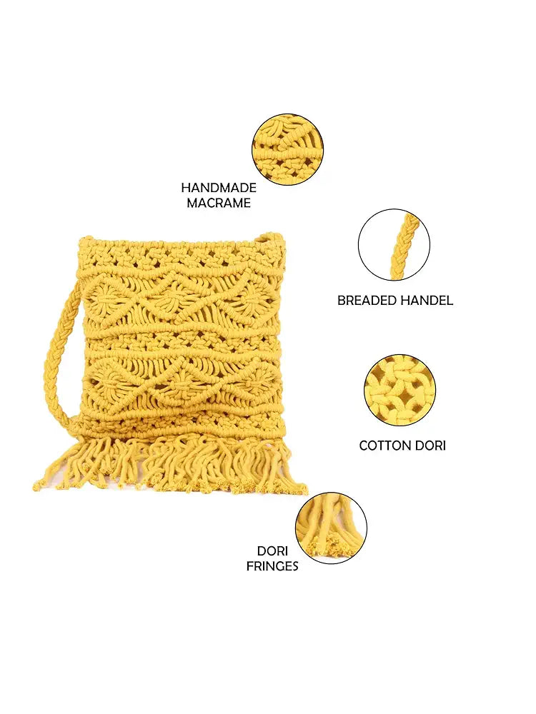 Astrid Handmade Macrame Flap Over Sling Bag For Girls And Women Colour Yellow