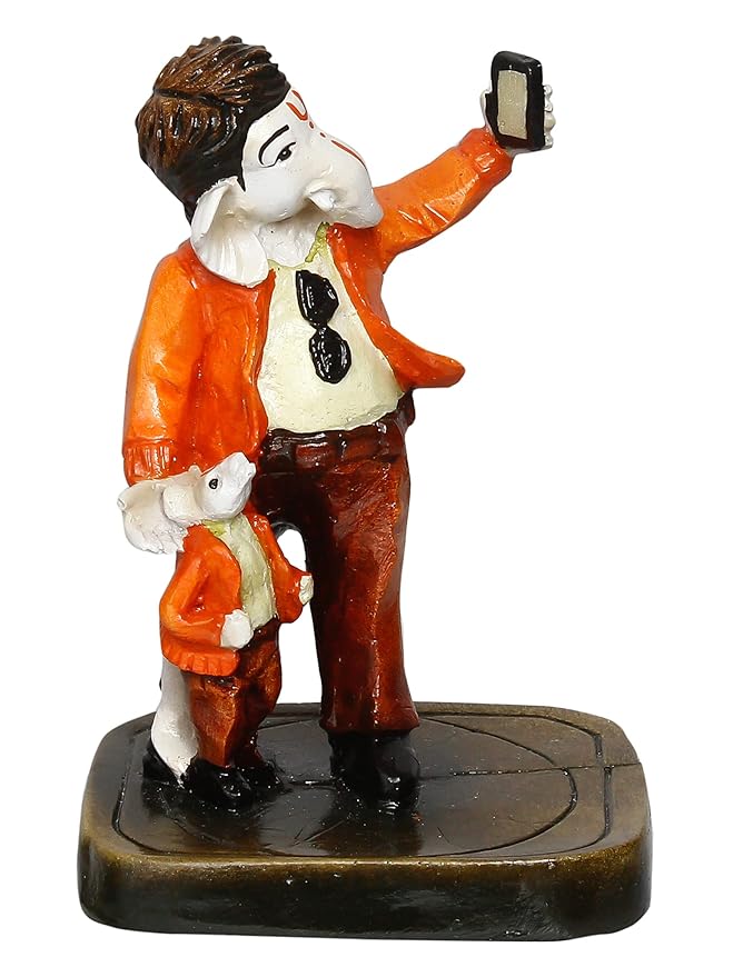 Ecraftindia Handcrafted Polyresin Lord Ganesha Idol Taking Selfie With Mushak Statue Decorative Showpiece