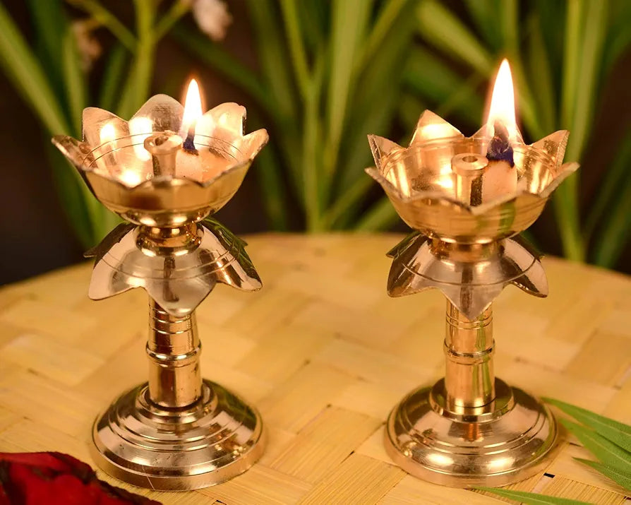 Collectible India Set of 2 Brass Diya for Puja Diya for Diwali - Lotus Shape Pillar Diya Stand Oil Lamp -3.8 Inch