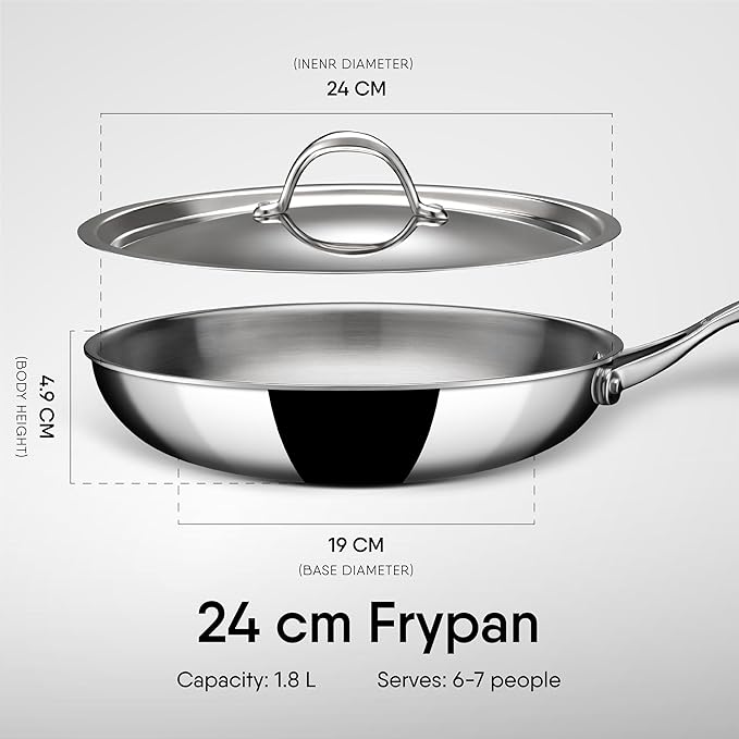 Stahl Artisan Triply Stainless Steel Fry Pan with Lid 1.6 L,  24 cm - 1360 gms