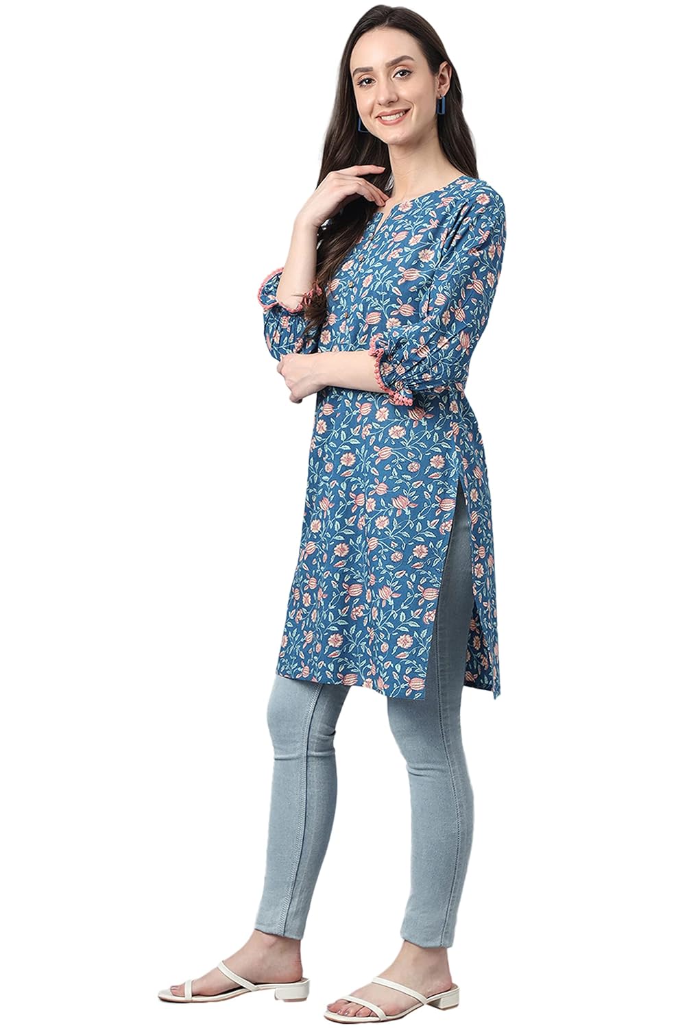 Janasya Women's Blue Cotton Floral Print Regular Tunic