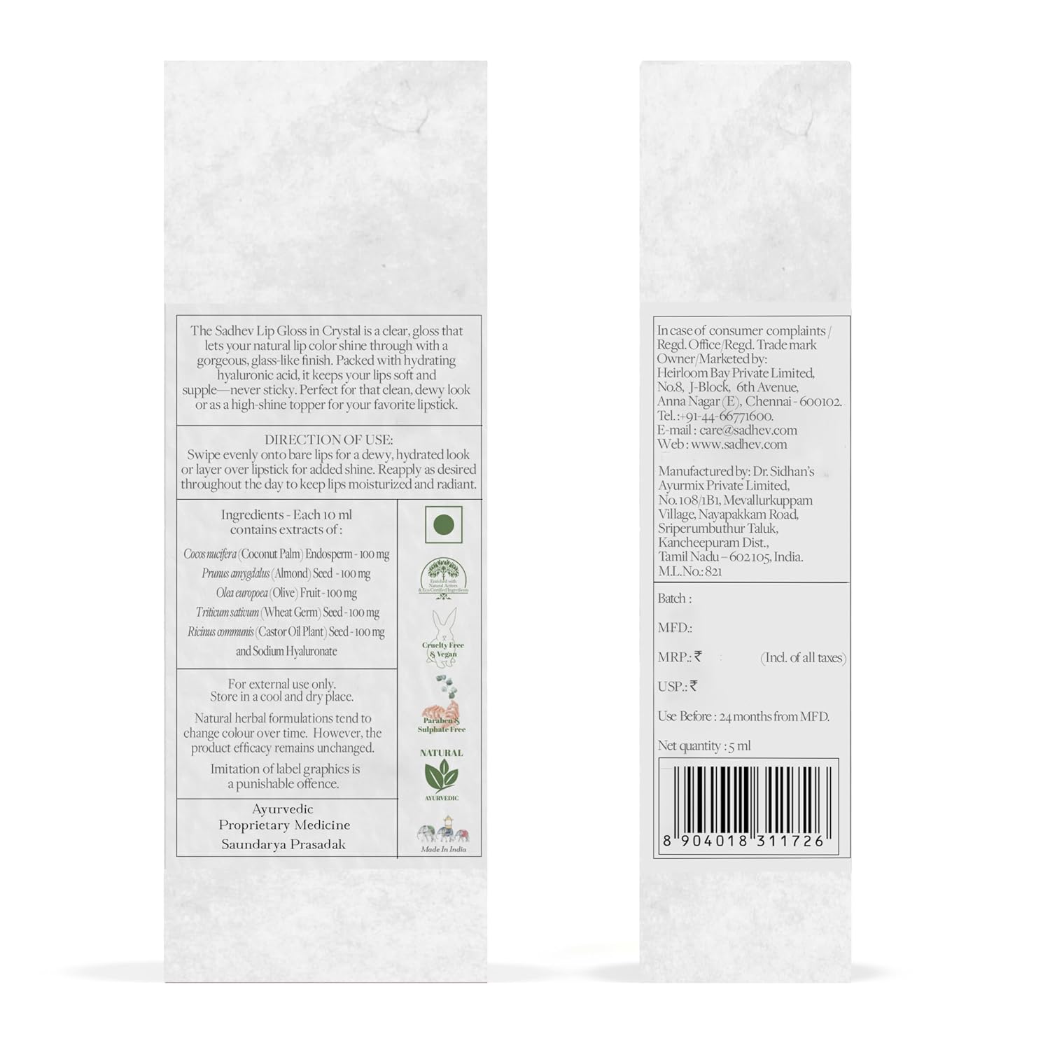 Sadhev Ayurvedic Crystal Lip Gloss With Hyaluronic Acid & Almond | Natural Glossy Shine | Hydrates, Plumps & Nourishes Lips (5 ml)