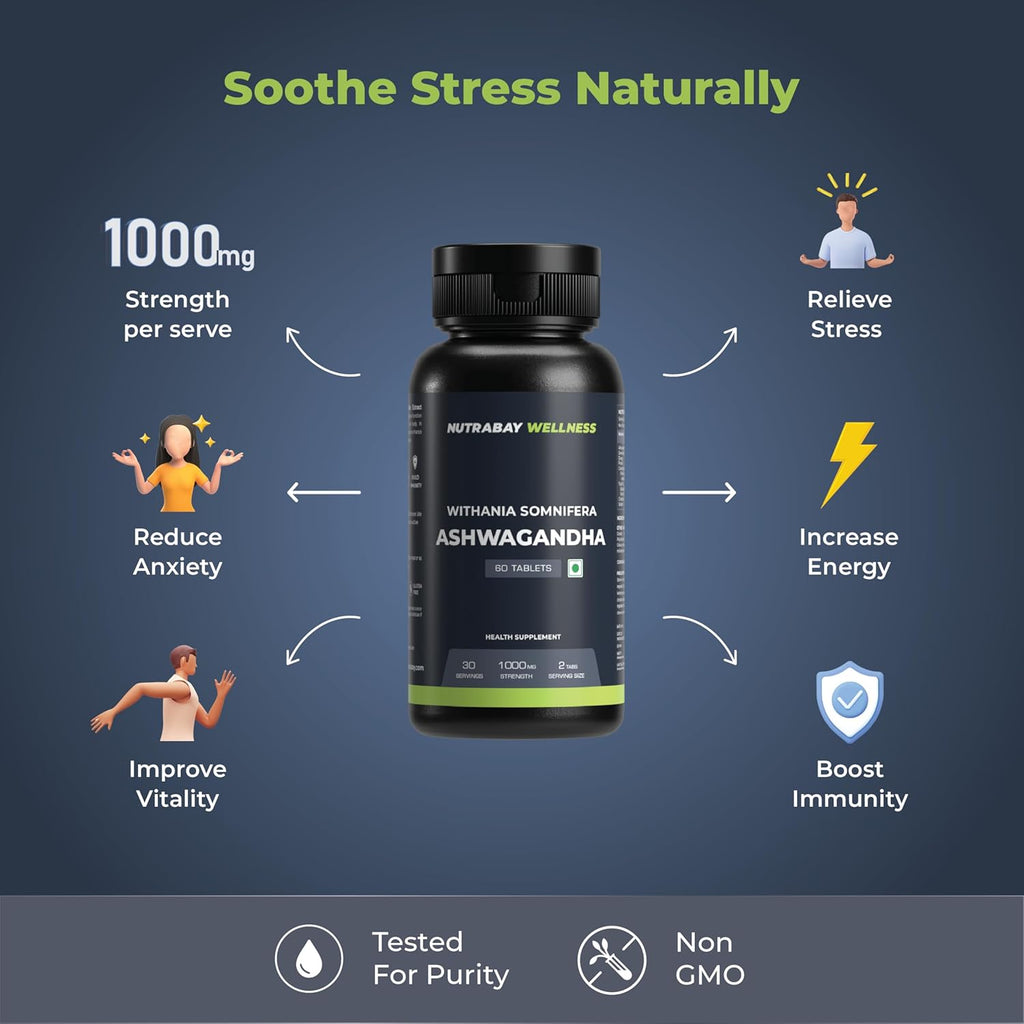Nutrabay Wellness Ashwagandha Extract Tablet (Withania Somnifera), Enhances Energy, Stamina, Immunity | Anxiety & Stress Relief, 1000mg - 60 Veg Tablets