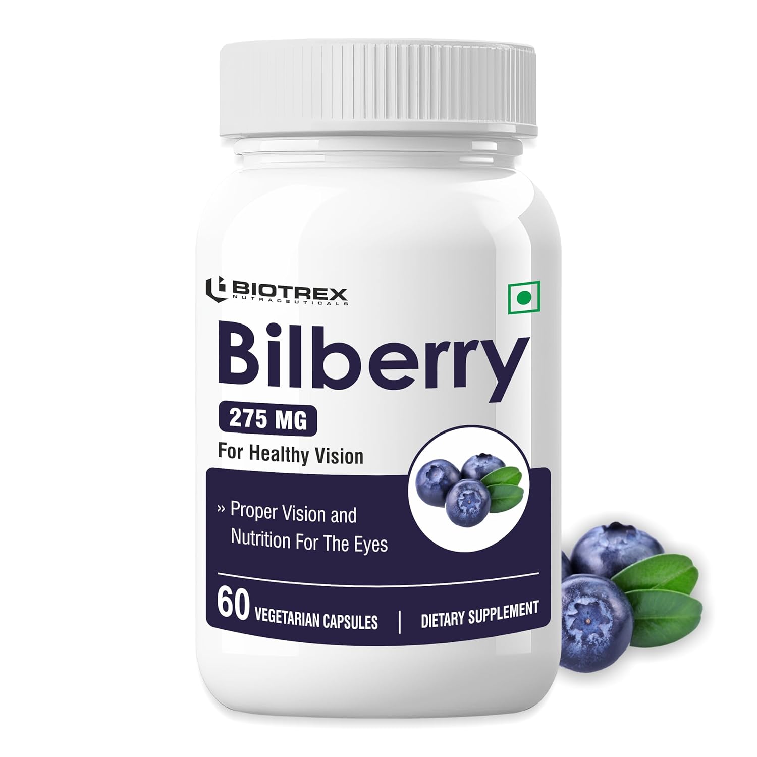 Biotrex Nutraceuticals Bilberry Extract 275mg | Anthocyanidins | Healthy Vision, Antioxidant & Eye Health Supplement | 60 Capsules
