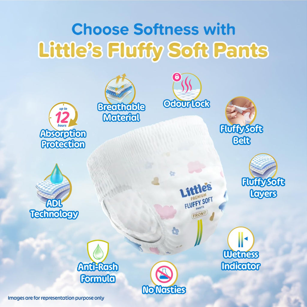 Little's Premium Baby Diapers XL Size (Extra Large) Pants Style | 12-17 kg | 54 Count | Super Jumbo FluffySoft Baby Diaper with Leakage Guard, Wetness Indicator & 12 Hours Absorption