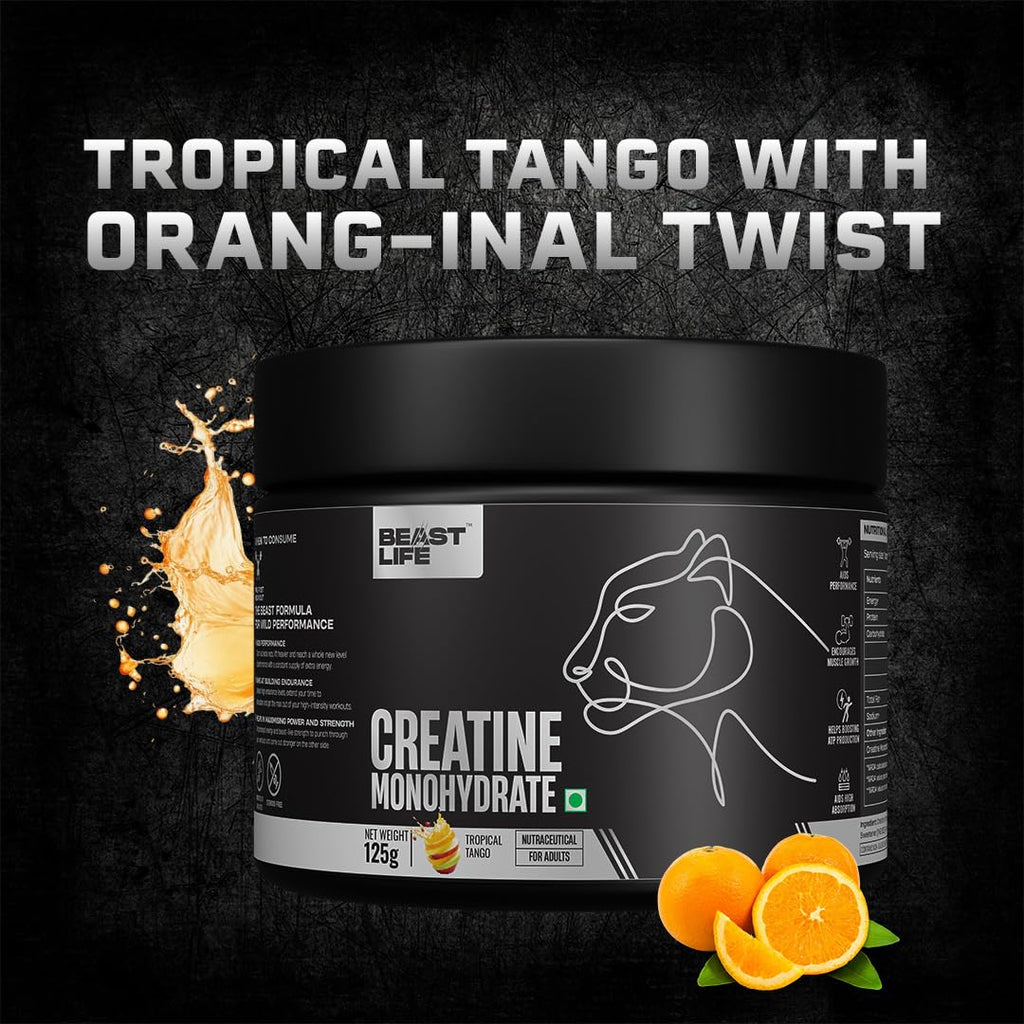 BeastLife Micronised Creatine Monohydrate with Free Shaker | 125g | 33 Servings | Tropical Tango | NABL Lab Tested | Rapid Absorption for Muscle Strength & Athletic Performance | Super Micronised Creatine Powder
