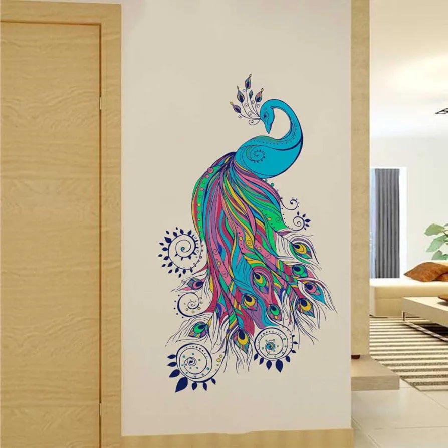 Rawpockets Decal Bluish Peacock Wall Sticker Height 60cm X Width 110cm
