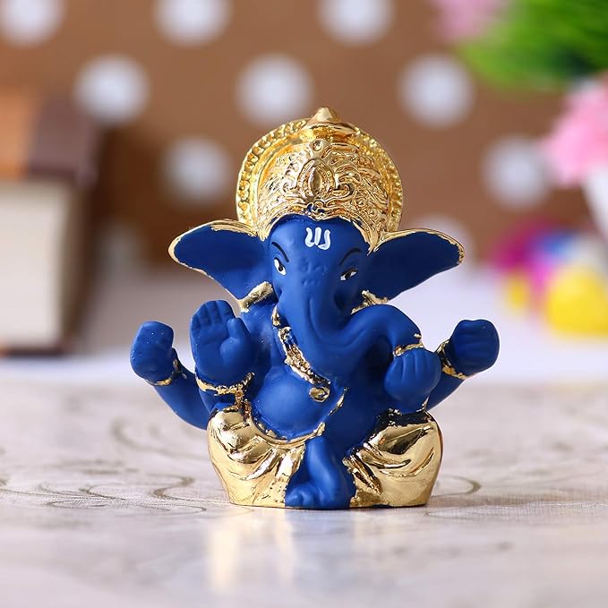 Ecraftindia Gold Plated Blue Mukut Ganesha Decorative Showpiece for Home/ Temple/ Office/ Car Dashboard