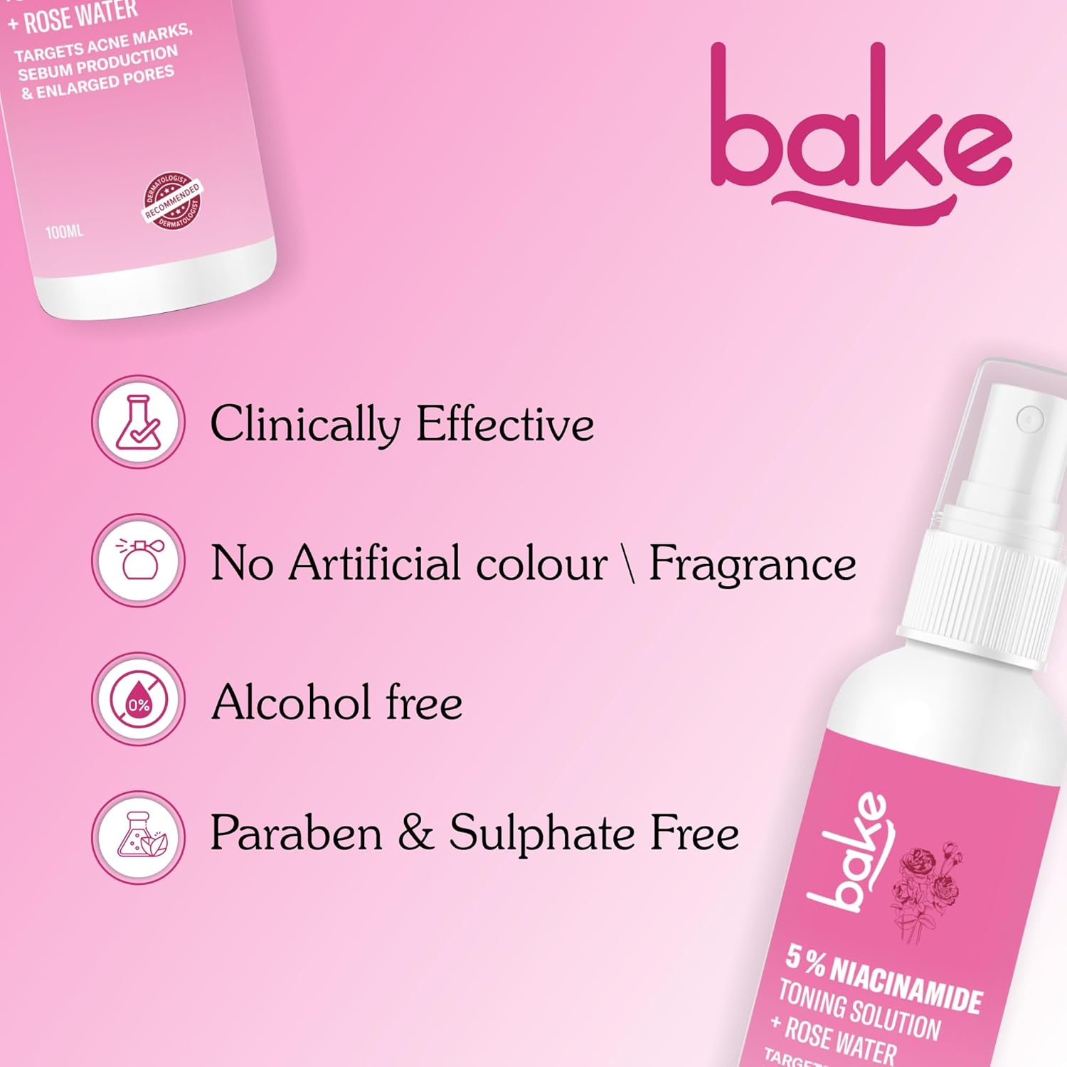 BAKE 5% Niacinamide Toner For Combination & Oily Skin | Targets Acne Marks, Oil Production & Enlarged Pores for Glowing Skin | Alcohol Free Toner for Women & Men | 100ml (Unscented)
