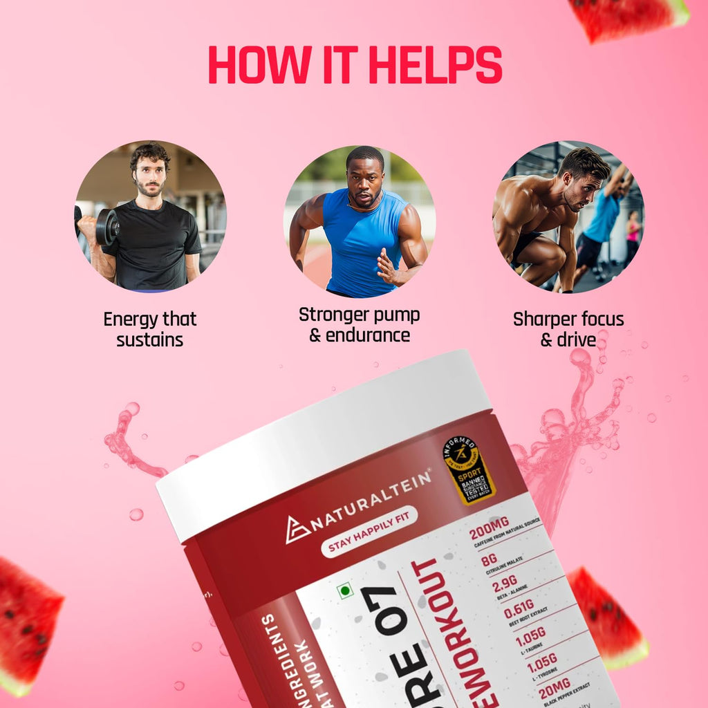 NATURALTEIN PURE 07 Natural Pre-Workout (Watermelon Flavour) 300 Grams | 200 mg Natural Caffeine | 8 G Citrulline Malate | Clean Energy & Endurance | No Artificial Sweeteners & Preservatives,Powder