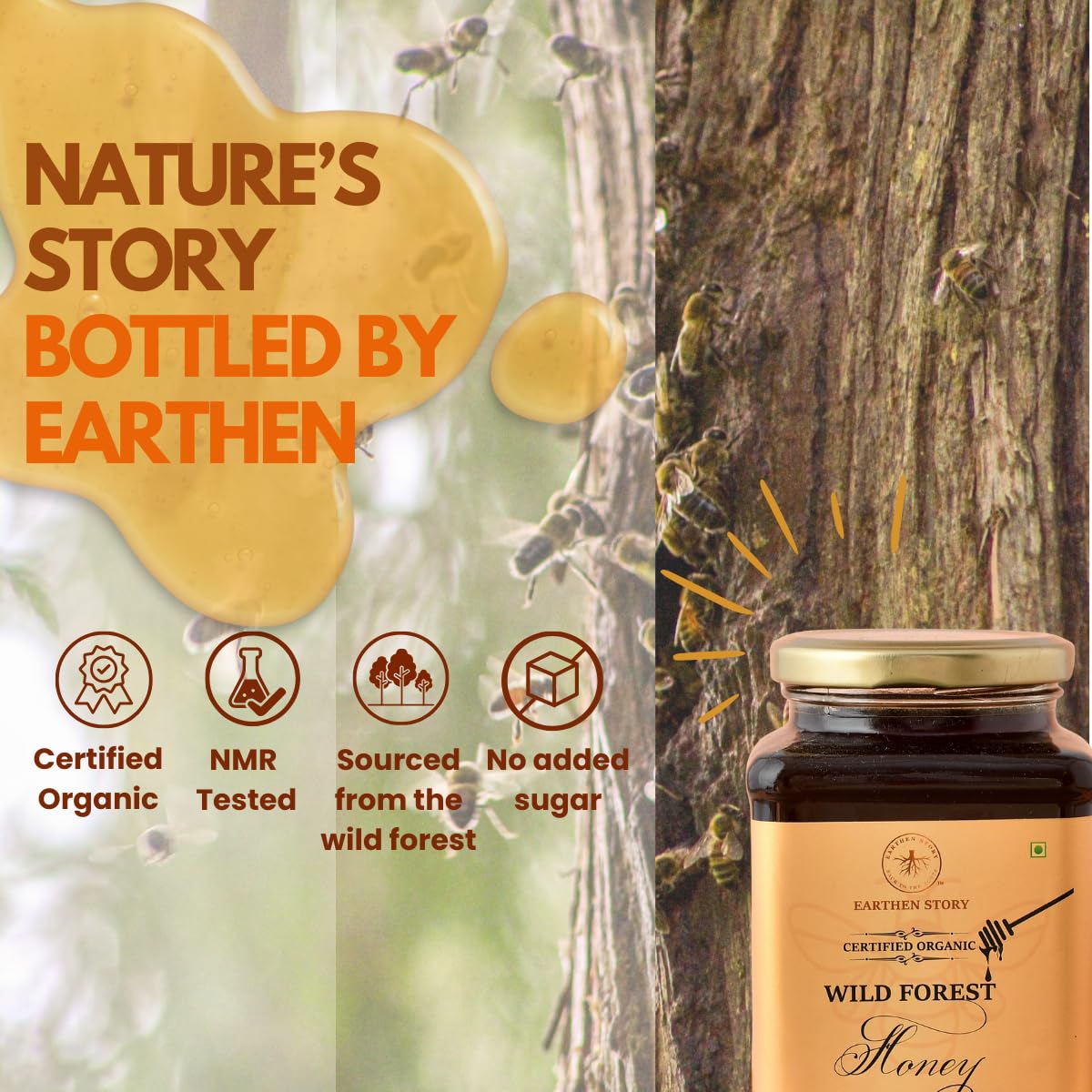 Earthen Story Certified Organic Wild Forest Honey 250 g | NMR & Lab Tested for 290+ Pesticides | NPOP Approved & Traceable with Transaction Certificate | Raw Honey in Glass Jar