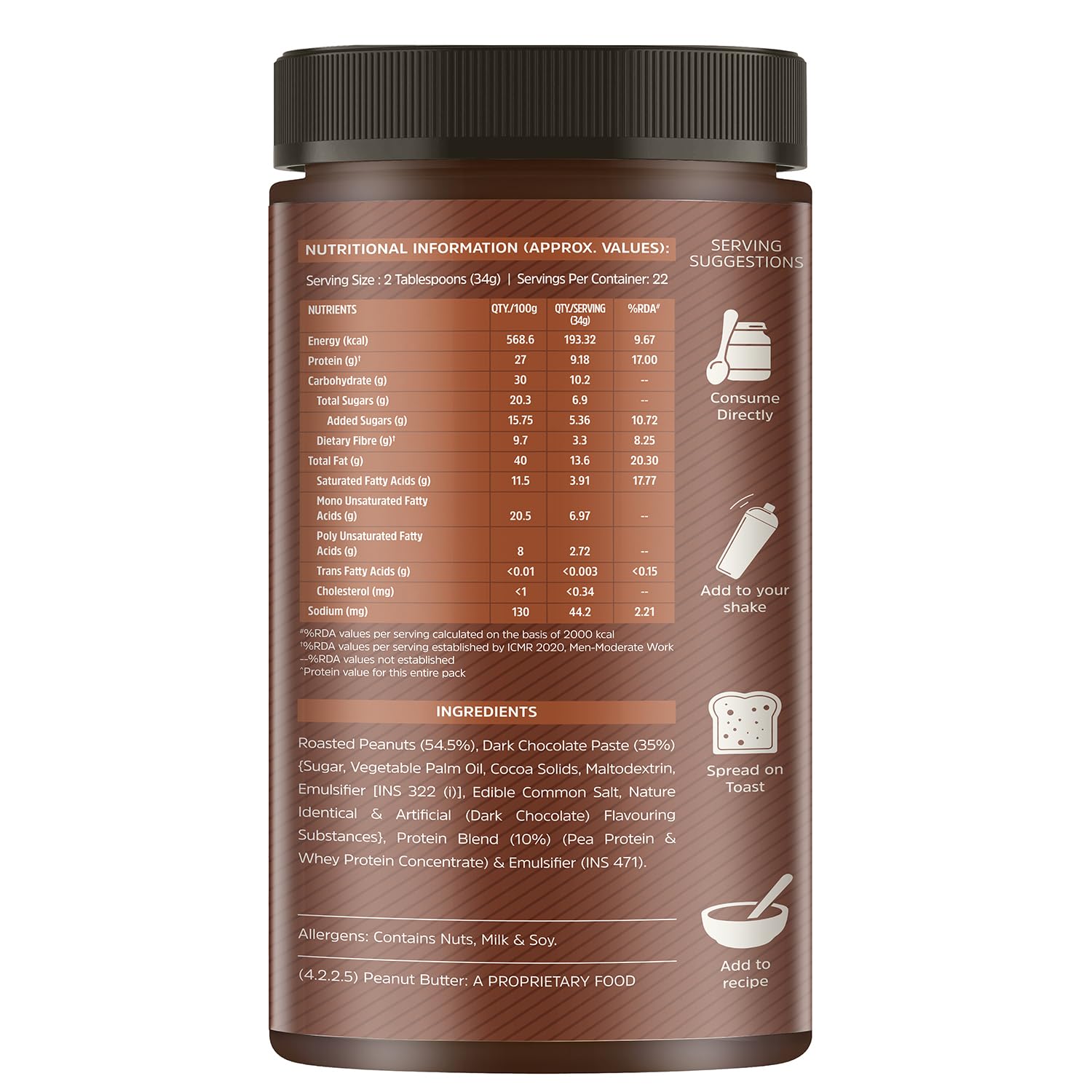 MuscleBlaze High Protein Peanut Butter With Pea Protein & Whey Protein Concentrate, Crunchy, 203 G Protein, Dark Chocolate Spread, 750 Gram